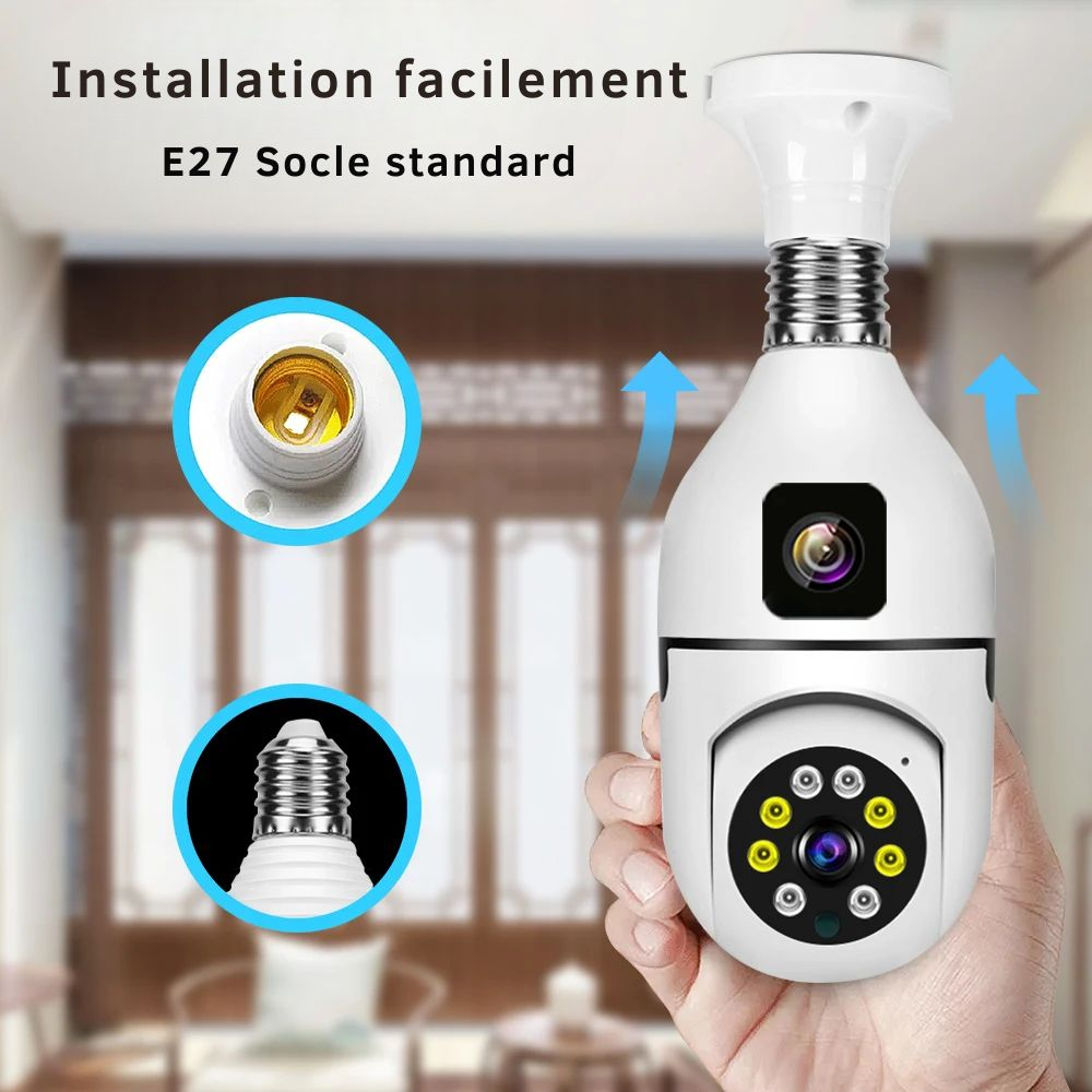  Installation facile et discrète de la Caméra de Surveillance Intérieure PTZ 4MP WiFi HD, compatible avec ampoules E27 standard.